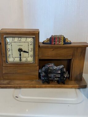 Vintage Brown Mantel Clock Wall Decor with Faux Fireplace Accent